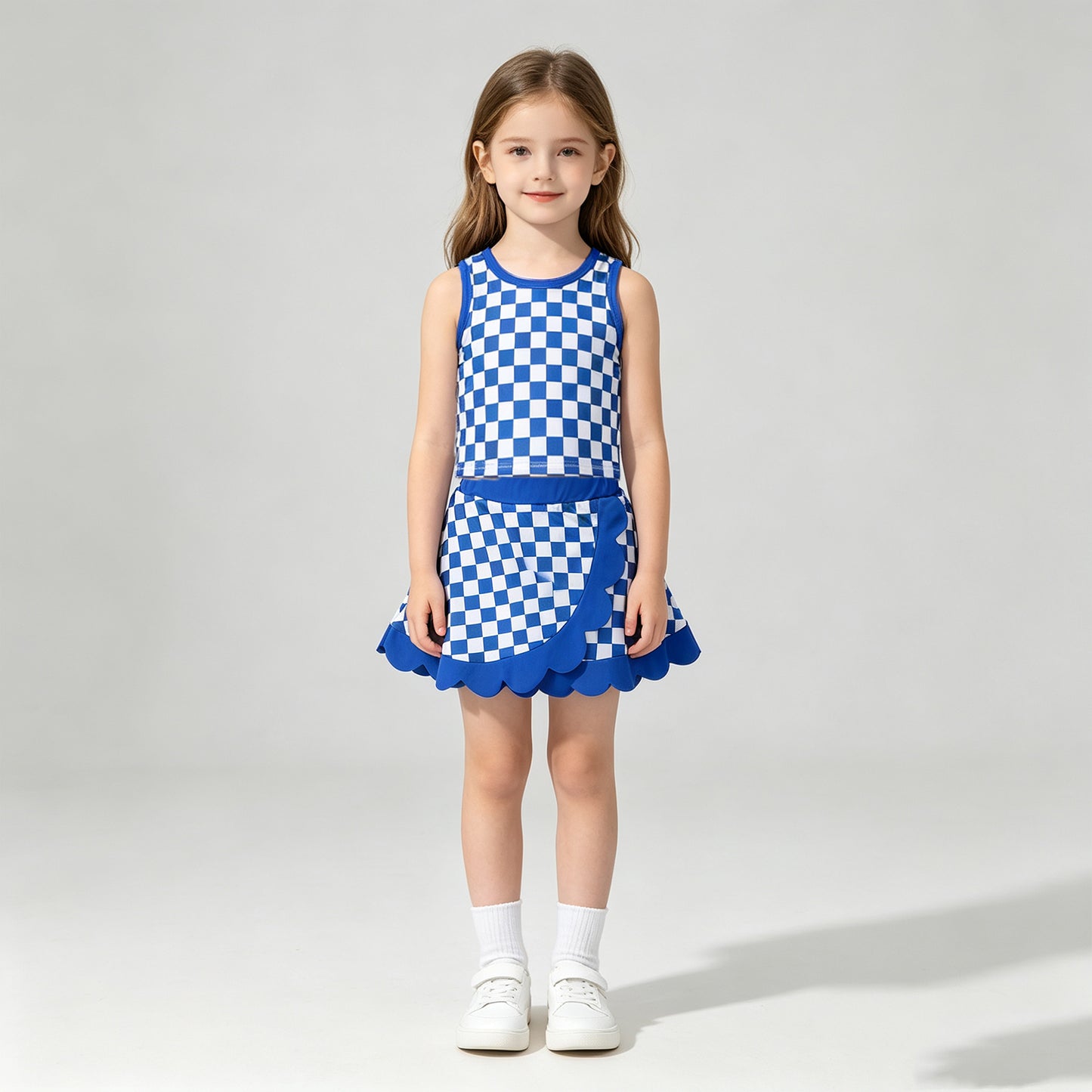 NEW RTS NO MOQ yoga fabric GSD4110 Baby Girls Hot Blue Check Sleeveless Scallop Hem Vest Skort Yoga Active Clothes Set