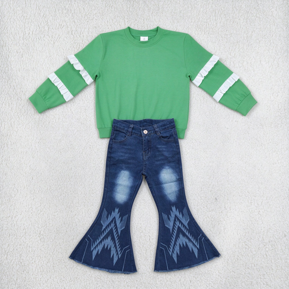 NEW RTS NO MOQ Denim GT1858+ P0126 Baby Girls Green White Patchwork Long Sleeve T-shirts Top Aztec Denim Bell Pants Jeans Sets