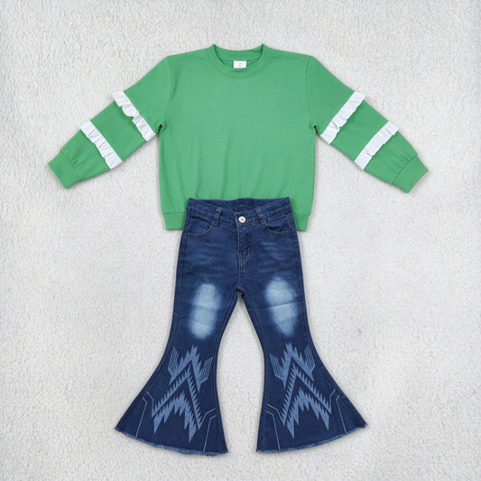 NEW RTS NO MOQ Denim GT1858+ P0126 Baby Girls Green White Patchwork Long Sleeve T-shirts Top Aztec Denim Bell Pants Jeans Sets