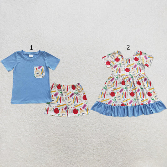 RTS NO MOQ Sibling milk silk Baby Boys Light Blue Short Sleeve Tee And Elastic Waist Shorts Back To School Clothes Set Ruffle Dresses(2T-14-16T）
