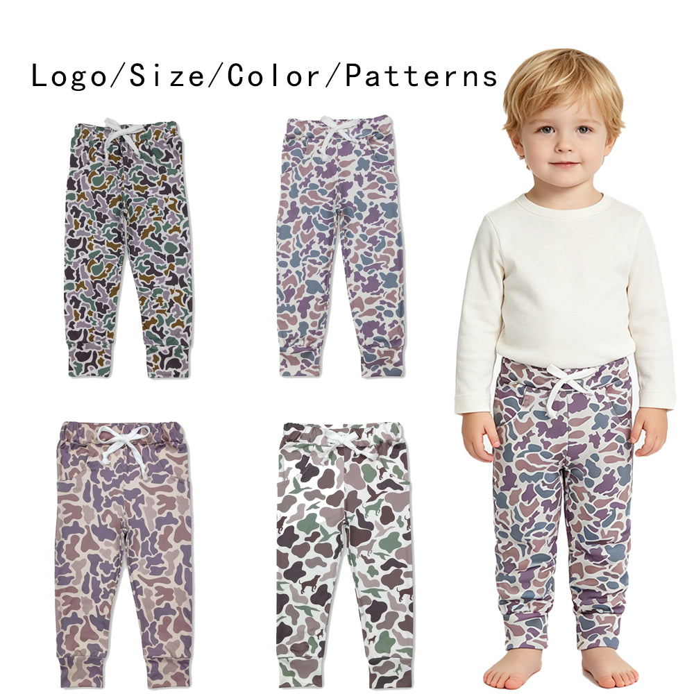 RTS NO MOQ Sibling milk silk Baby Boys Camo Jogger Pants Drawstring Waist Casual Trousers