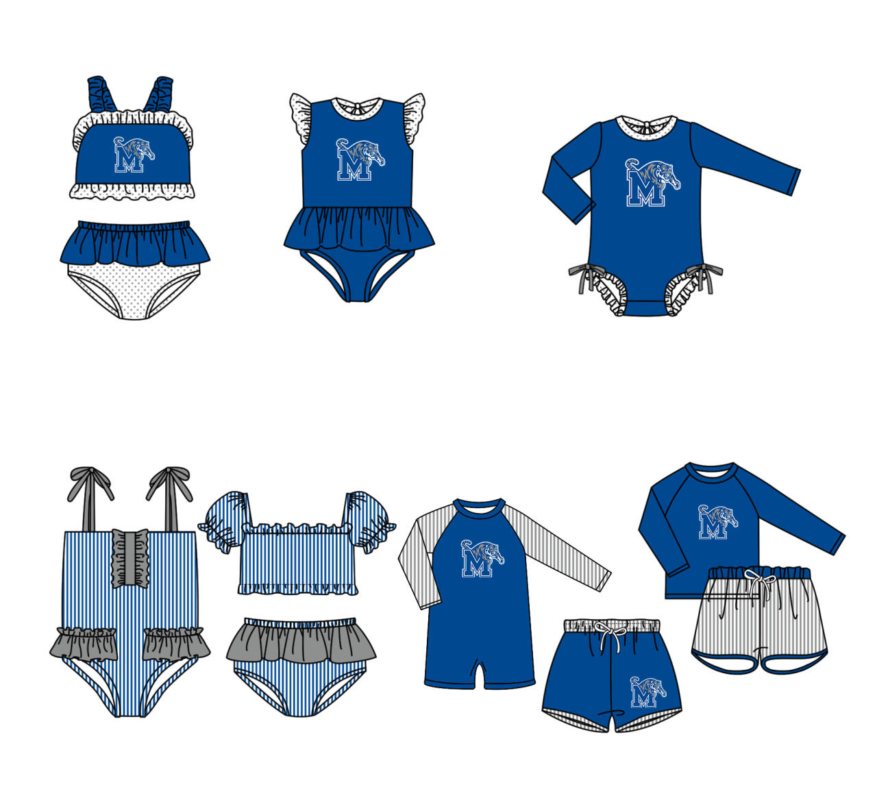 Custom moq 5 mix size milk silk summer teams baby girl boys clothes Blue Two-Piece Swimsuit Set One Piece Swimsuits boy swim trunks