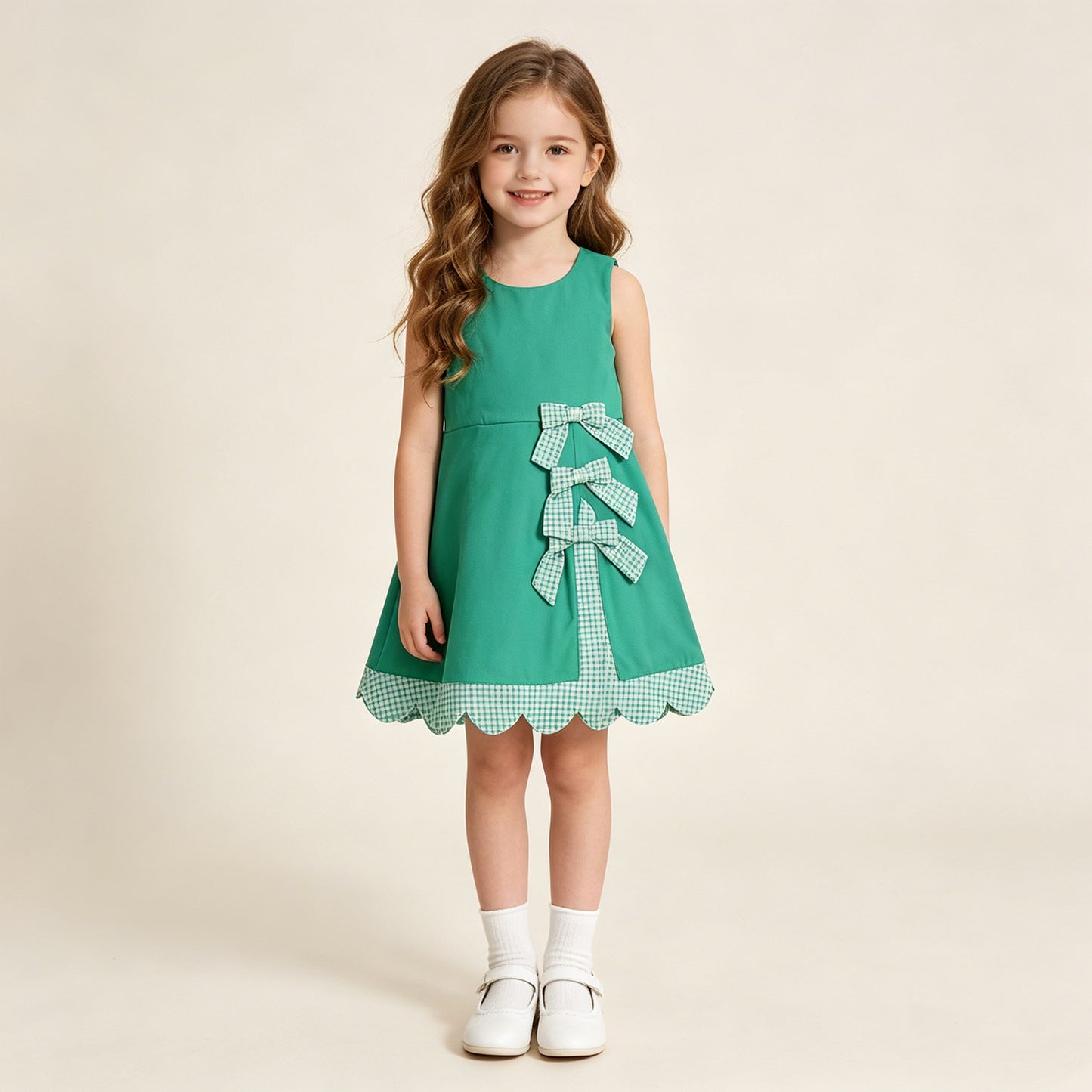 RTS NO MOQ yoga fabric GSD3029 Baby Girls Summer Green Sleeveless Yoga Active Scallop Bow Dresses