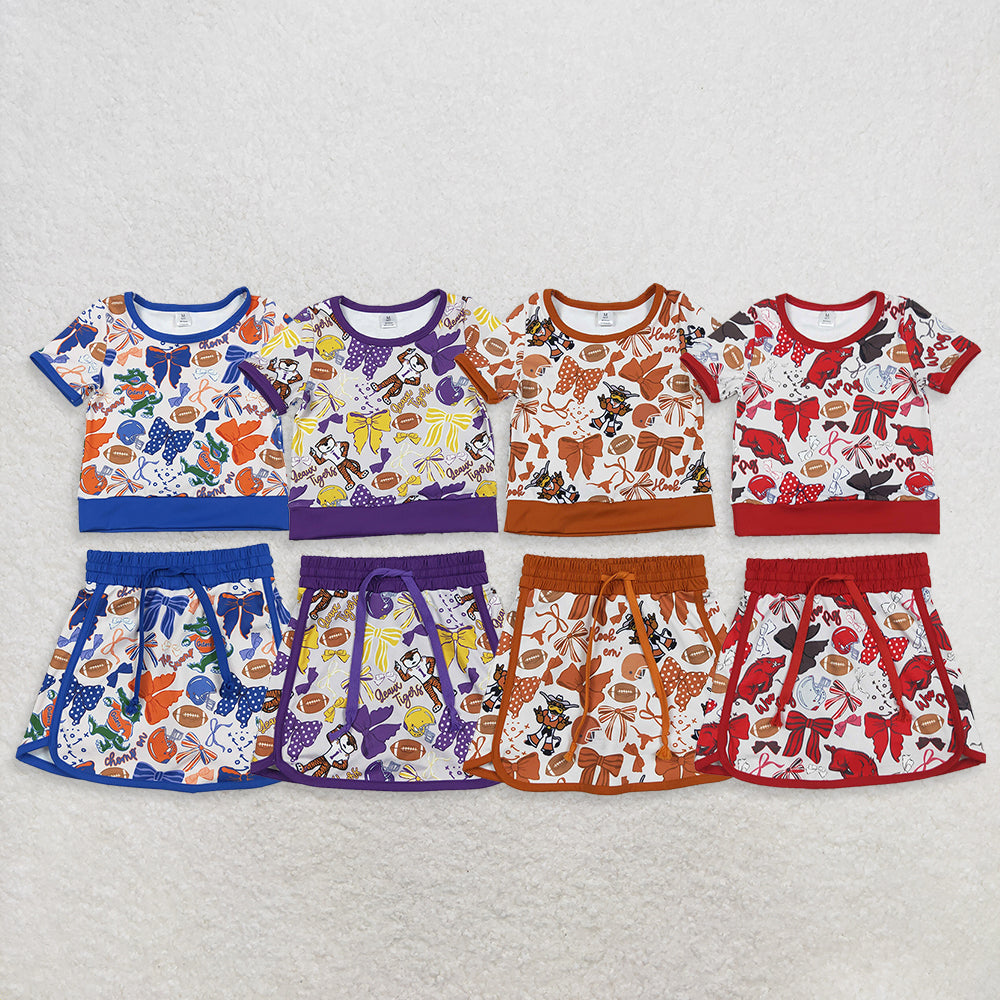 RTS NO MOQ Sibling Baby Girls Team Clothes Set Short Sleeve Bows Football Top Skirt Shorts Outfit