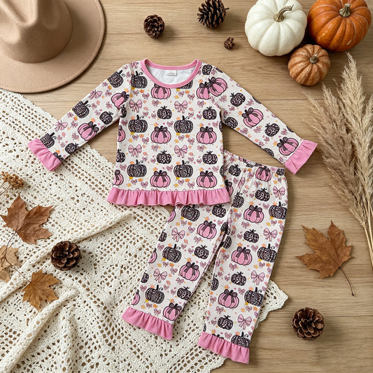 RTS No moq milk silk GLP3350 Baby Girls Pink Bow Leopard Pumpkin Print Long Sleeve Top Ruffle Pant Two Piece Fall Pajama Set（副本）