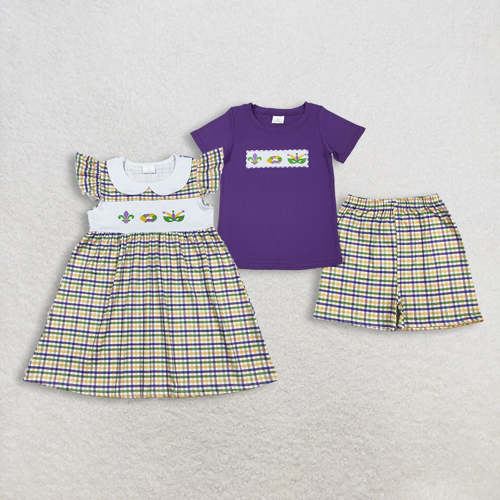 RTS NO MOQ sibling baby girls boys clothes embroidery mardi gras short sleeve Clothes Sets and dress