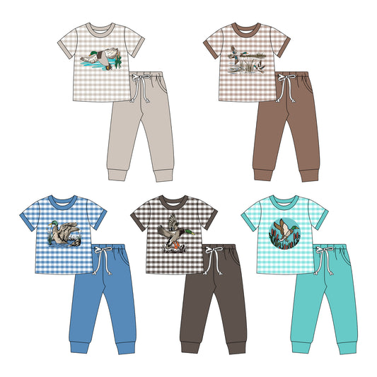 (Preorder new) No moq milk silk Baby Boys Brown Plaid Duck Tops Pocket Hunting Sets