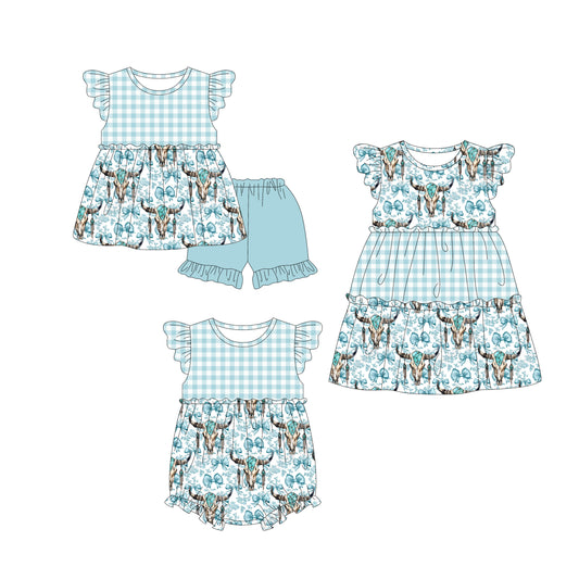 4.9 custom each style moq 5eta 4-6week Sibling Sisters cow head baby girl short sleeve shorts sets and dress and rompers match family design
