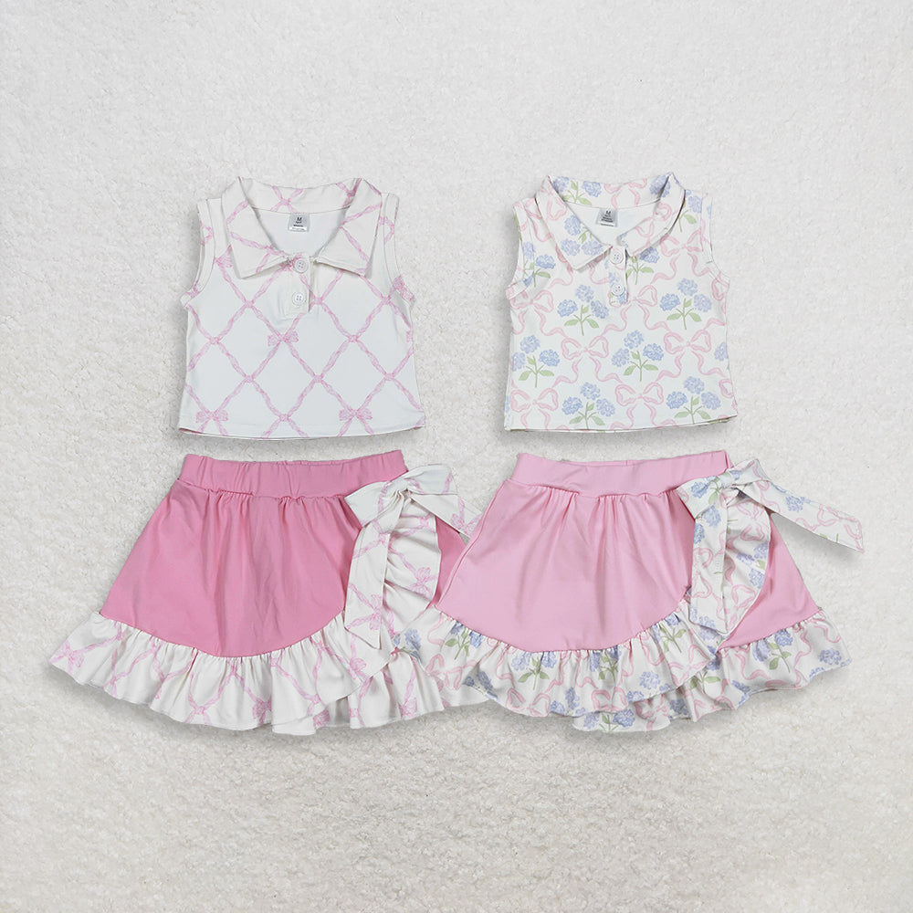RTS NO MOQ Sibling Baby Girls Yoga Active Clothes Set Bows Flowers Button Vest Top Ruffle Skirt Shorts Outfit