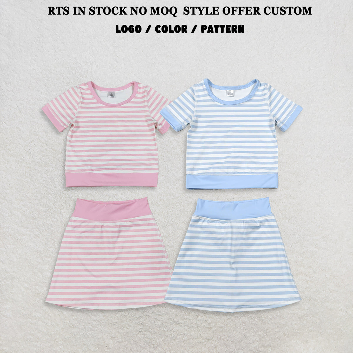 RTS NO MOQ Sibling yoga fabric Baby Girls Striped Short Sleeve Top And Skort Yoga Outfit