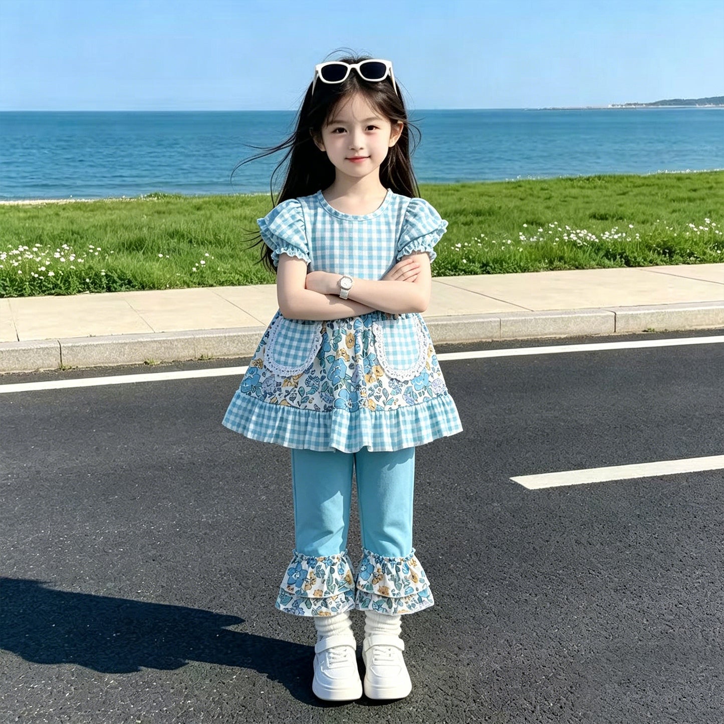 RTS NO MOQ GSPO2282 Baby Girls Blue Check Floral Pocket Tunic Casual Ruffle Pant Sets