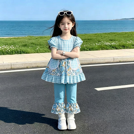 RTS NO MOQ GSPO2282 Baby Girls Blue Check Floral Pocket Tunic Casual Ruffle Pant Sets