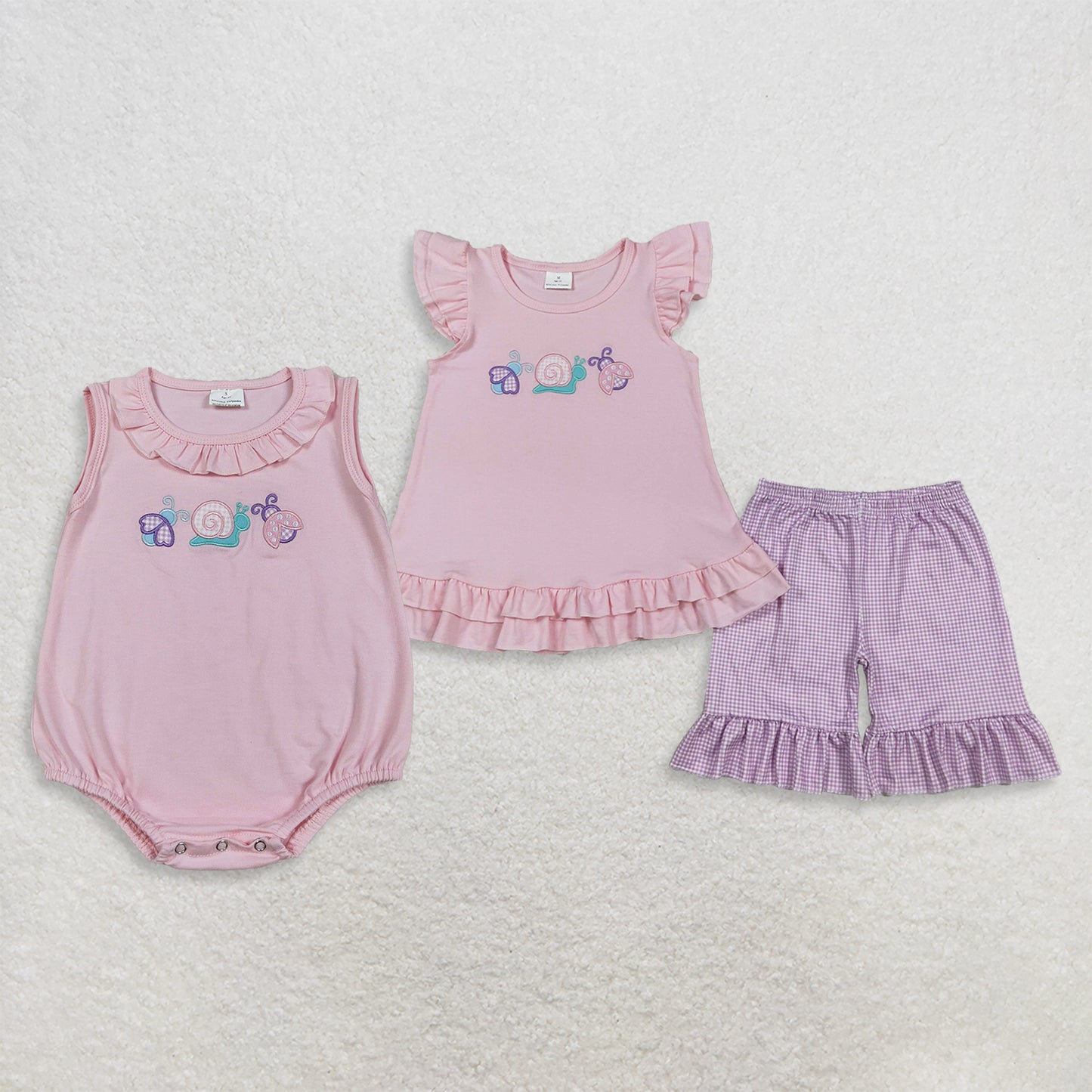 RTS NO MOQ Sibling Baby Girls Embroidery Ladybirds Snails Girls Tunic Shorts Set Sleeveless Ruffle Rompers