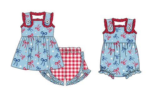 25.12.15 custom each style moq 5 eta 6-8week Sibling Sister bow baby girl short sleeve shorts sets and romper match design