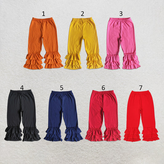 RTS NO MOQ Sibling cotton Baby Girls Solid Color Triple Ruffle Long Pants Cotton Elastic Waist Daily Bottoms