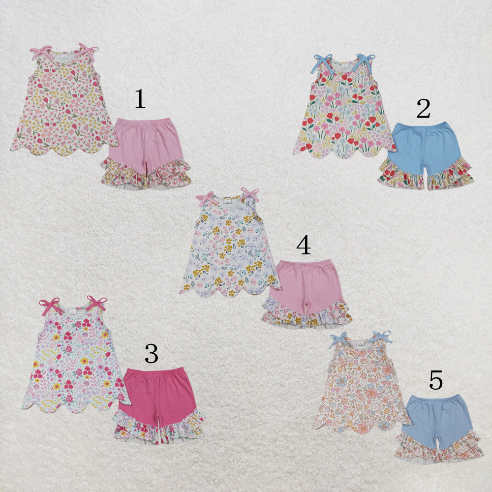 RTS NO MOQ Milk Silk Sibling Baby Girls Colorful Flowers Scallop Tunic Ruffle Short Clothes Sets