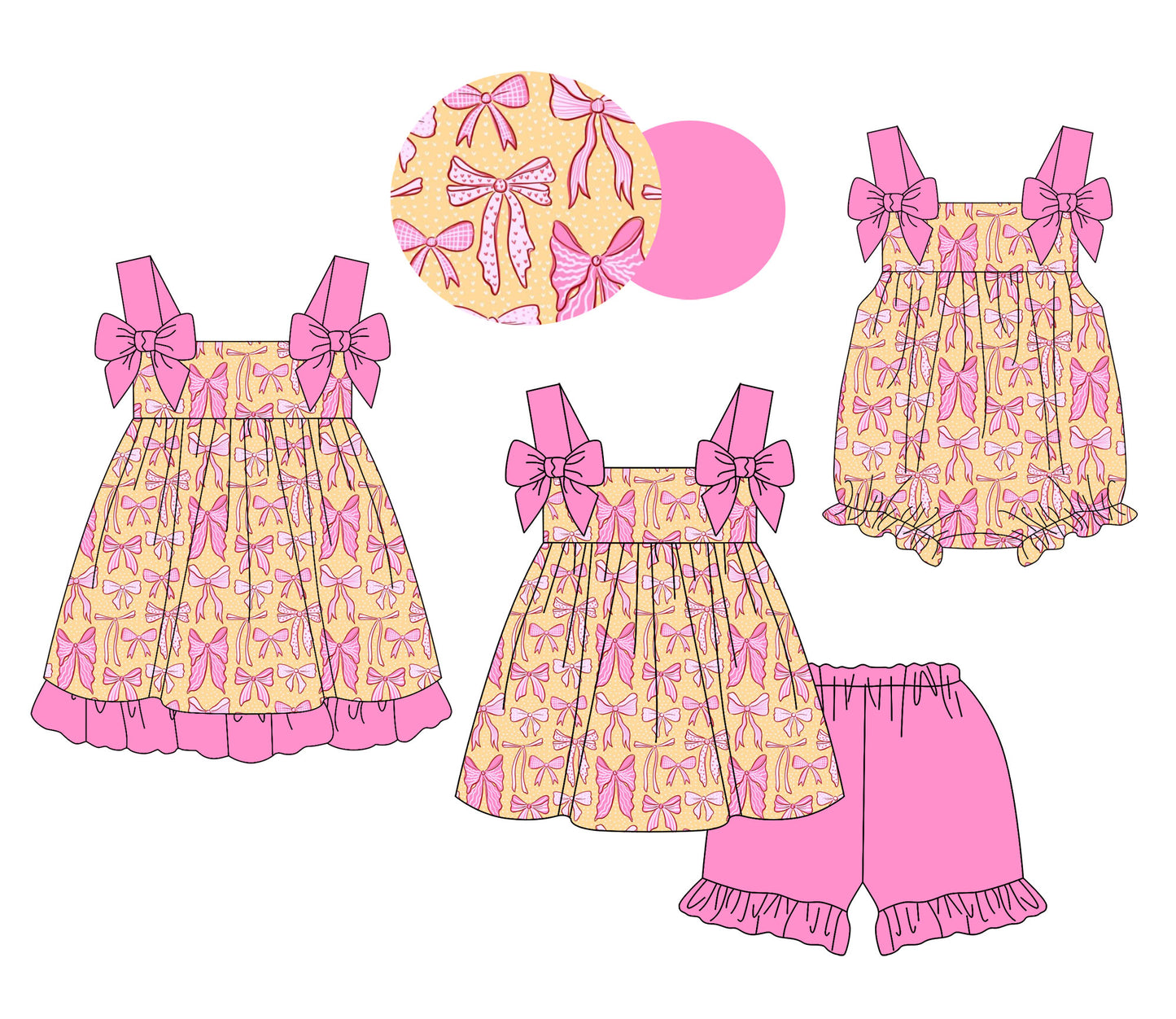 4.11 Custom moq 5 mix size Sibling Baby Girl's Bows Strap Top And Short Set Cute Romper Dress for Summer