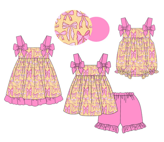 4.11 Custom moq 5 mix size Sibling Baby Girl's Bows Strap Top And Short Set Cute Romper Dress for Summer