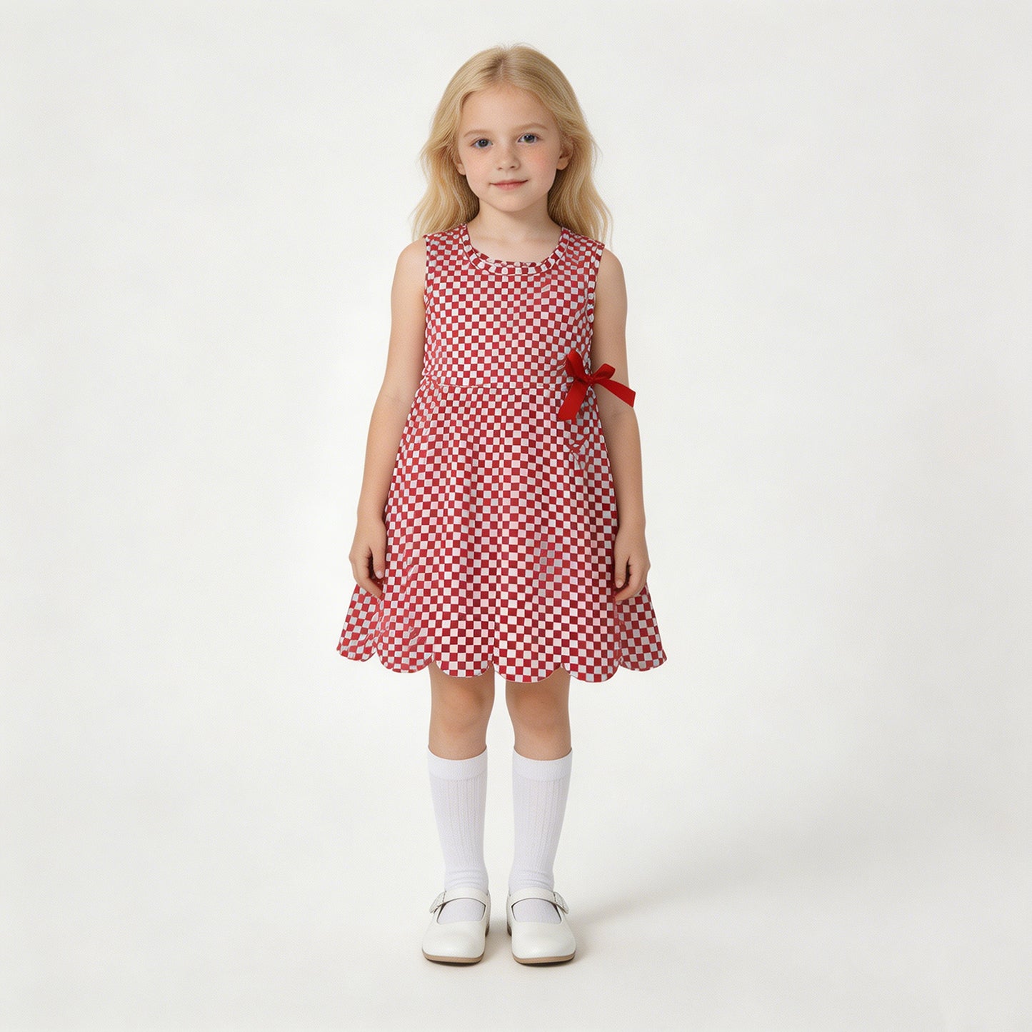 RTS NO MOQ yoga fabric GSD3669 Baby Girls Red Checked Scallop Knee Length Dress With Shorts Yoga Active Wear
