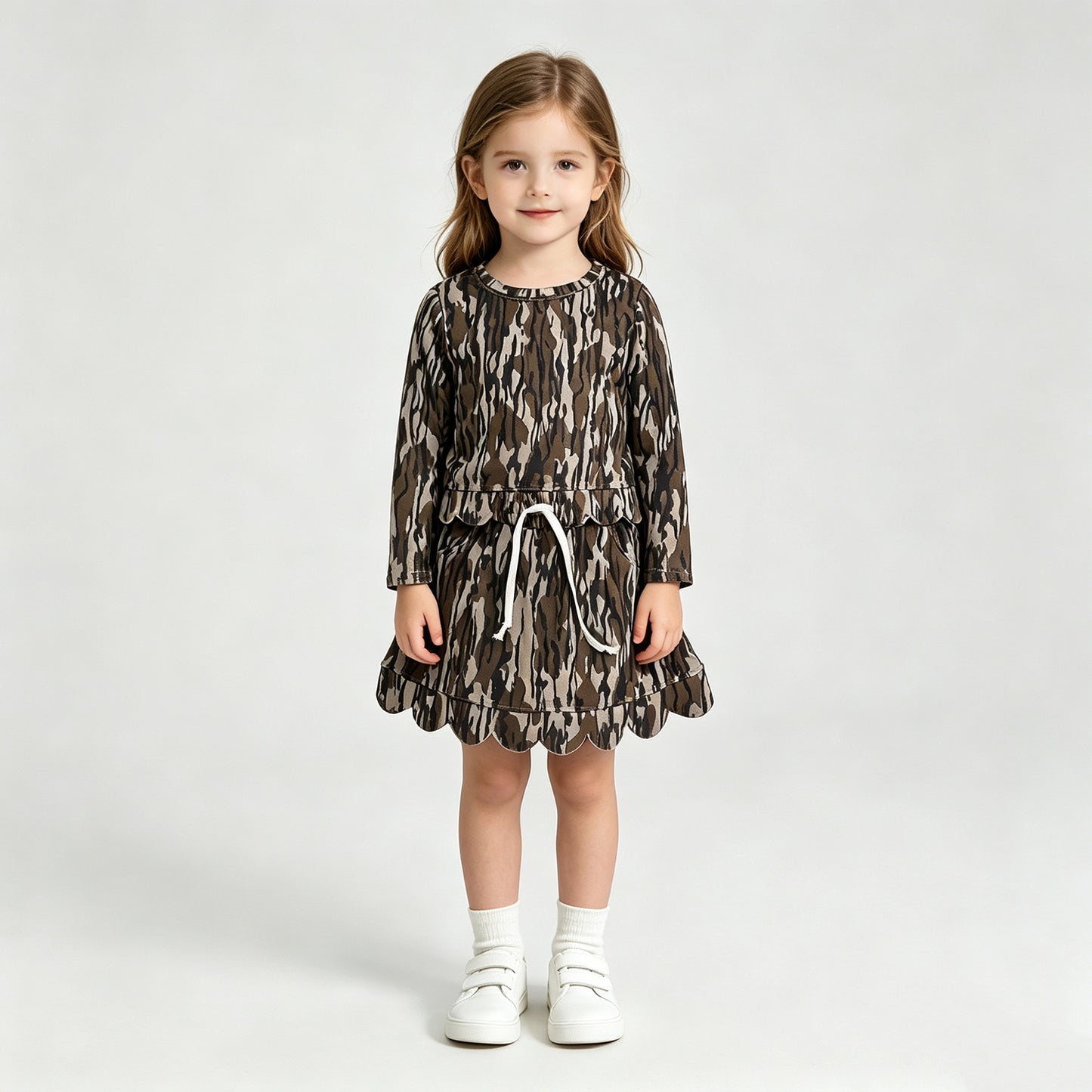 NEW RTS NO MOQ milk silk GLD1615（GT1686+GLK0298 ）Baby Girls Olive Camo Print Long Sleeve Scallop Hem Top Skort Set