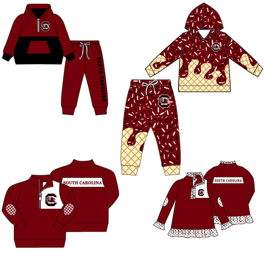 Custom moq 5 mix size milk silk summer teams baby girls clothes brick red hooded long sleeve pants sets and hooded top and pant and top 2-25.8.21