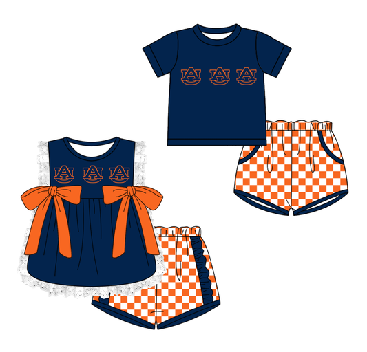 Custom moq 5 mix size milk silk summer teams Navy Blue Girl Sleeveless Top And Plaid Shorts Set with Bow Boy Short Sleeved Top And Plaid Shorts Set