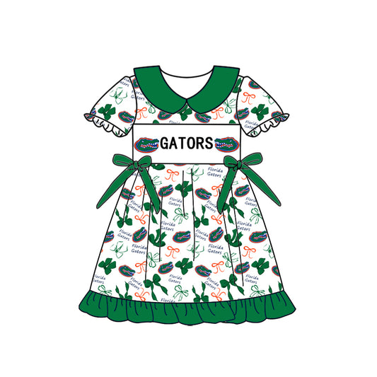 Custom moq 5 mix size milk silk summer teams Baby Girls Green Peter Pan Collar Knee Length Casual Dress