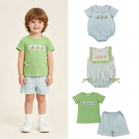 RTS NO MOQ Sibling milk silk Baby Boys Duck Embroidery Striped Shirt And Hunting Shorts Set  Stripe Rompers