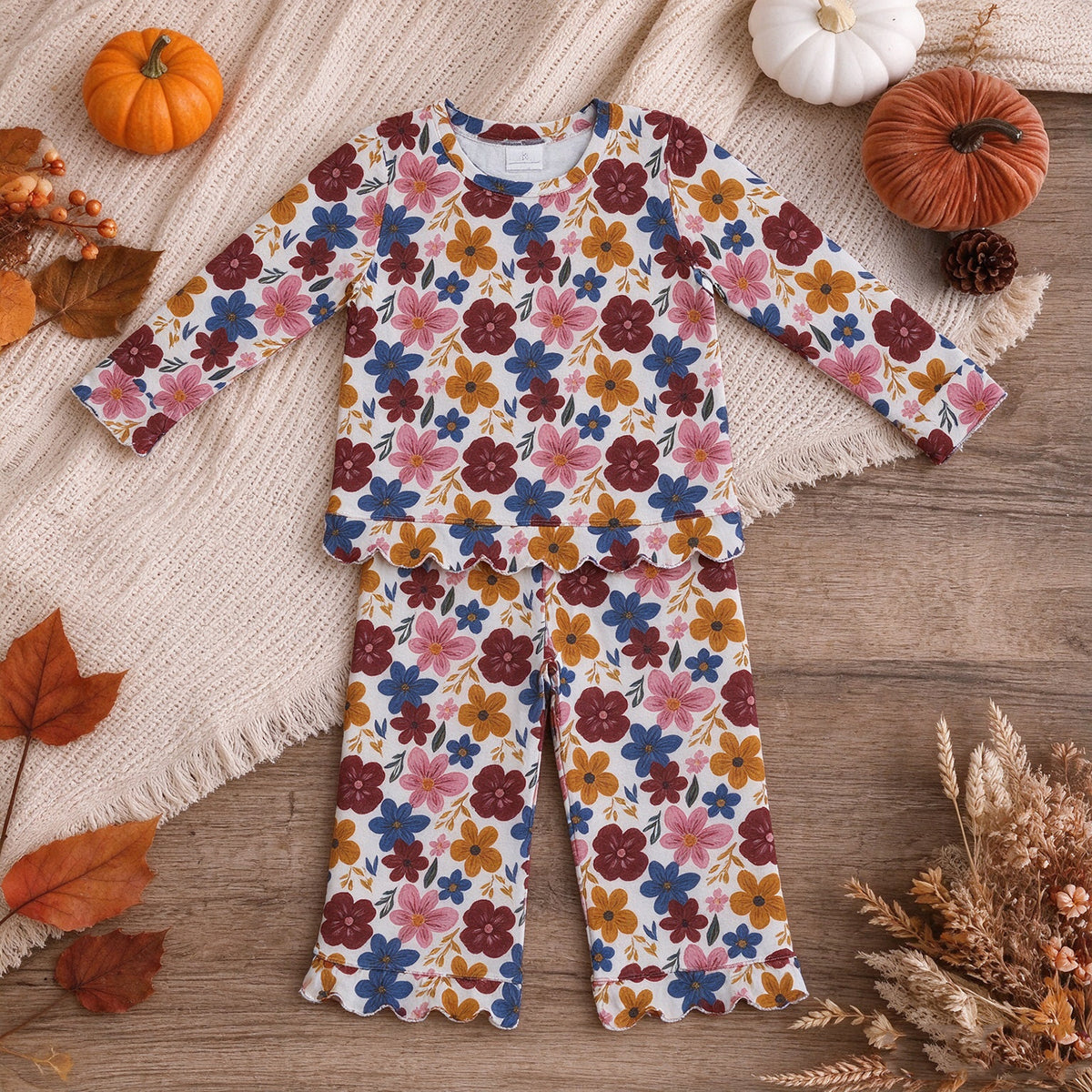 NEW RTS NO MOQ milk silk GLP3690 Baby Girls Long Sleeve Colorful Flowers Top Pants Fall Scallop Holiday Outfit Set
