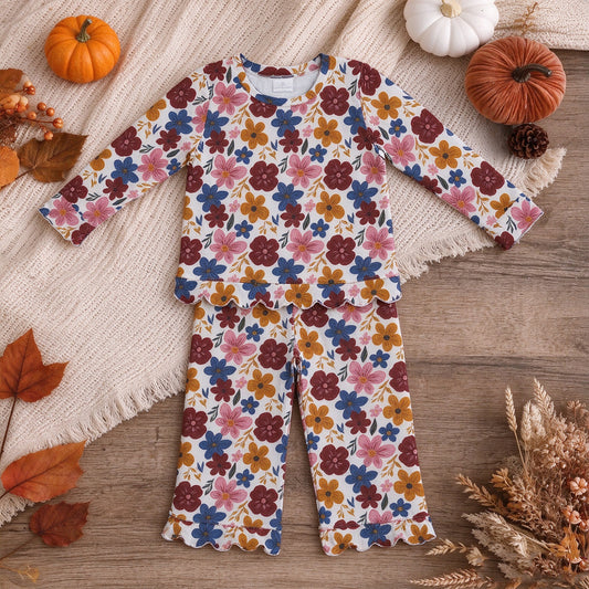 NEW RTS NO MOQ milk silk GLP3690 Baby Girls Long Sleeve Colorful Flowers Top Pants Fall Scallop Holiday Outfit Set