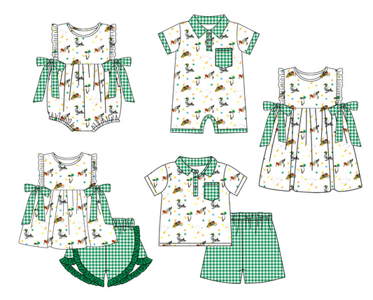 11.21 custom each style moq 5eta 4-6week Sibling Sister duck baby girl short sleeve shorts sets and sets 2 and girls romper and boy romper and dress match design