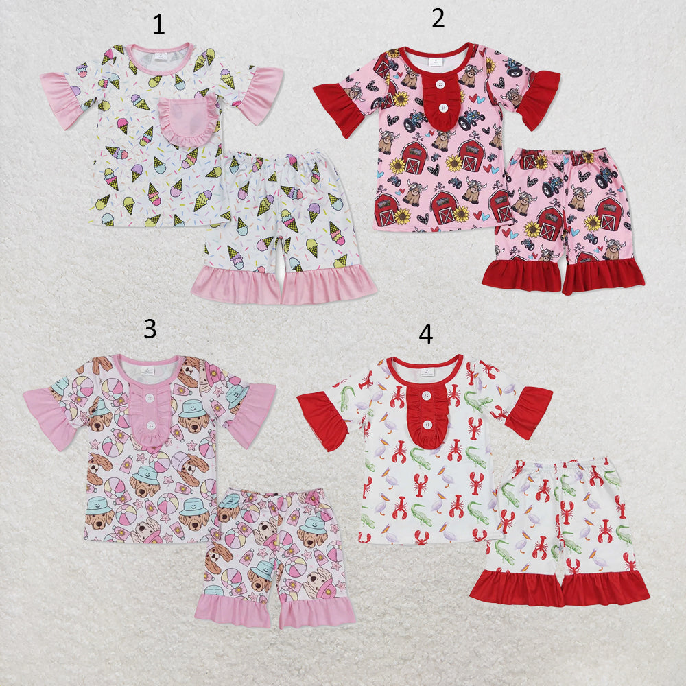 RTS NO MOQ Sibling milk silk Baby Girls Cute Short Sleeve Shirt Top Ruffle Shorts Pajama Set