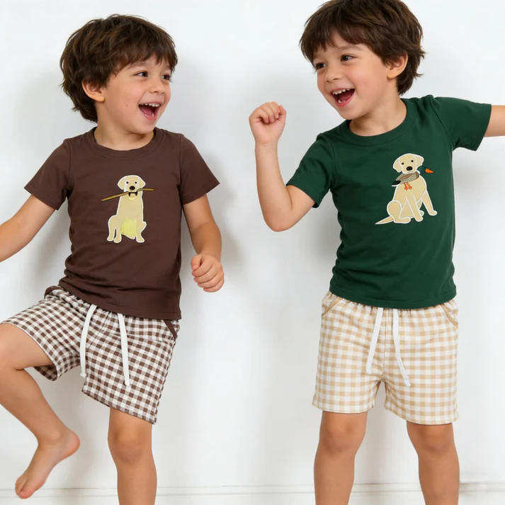 RTS NO MOQ Sibling Baby Boys Checked Hunting Clothes Set with Embroidery Dog Ducks Top And Pockets Short Baby Outfit for Boys