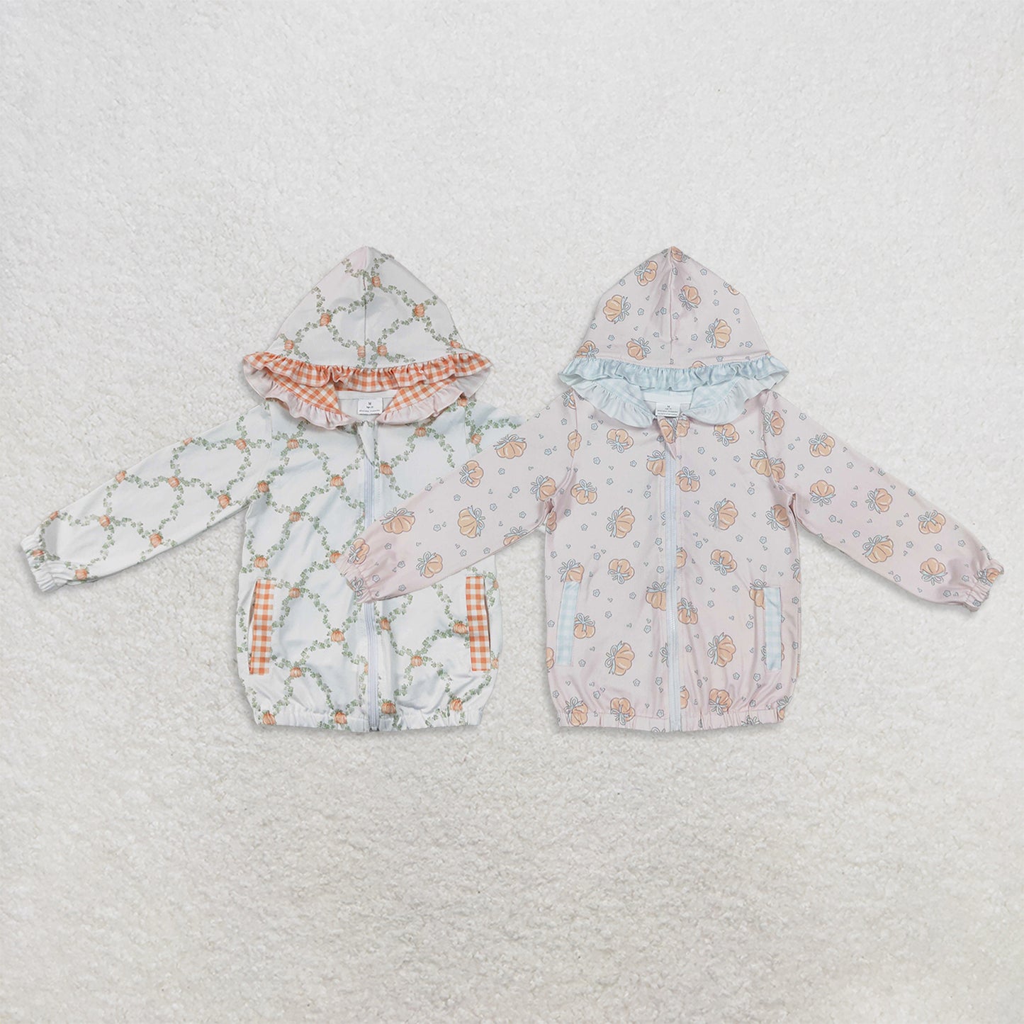 RTS NO MOQ Sibling milk silk Baby Girls Flowers Pumpkins Checked Fall Zip Pockets Hoodies Top