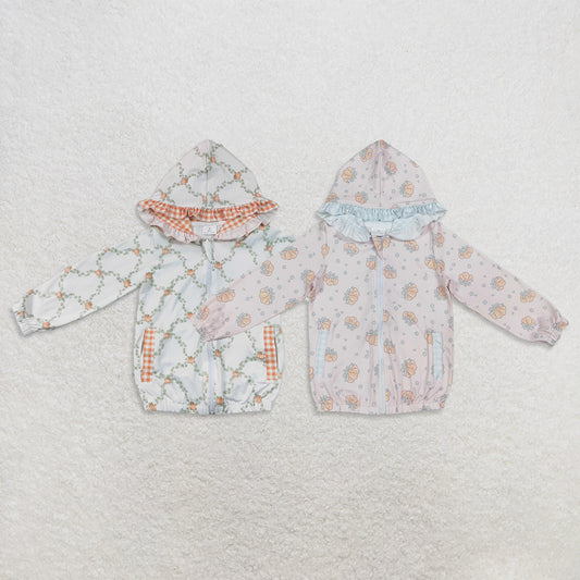 RTS NO MOQ Sibling milk silk Baby Girls Flowers Pumpkins Checked Fall Zip Pockets Hoodies Top