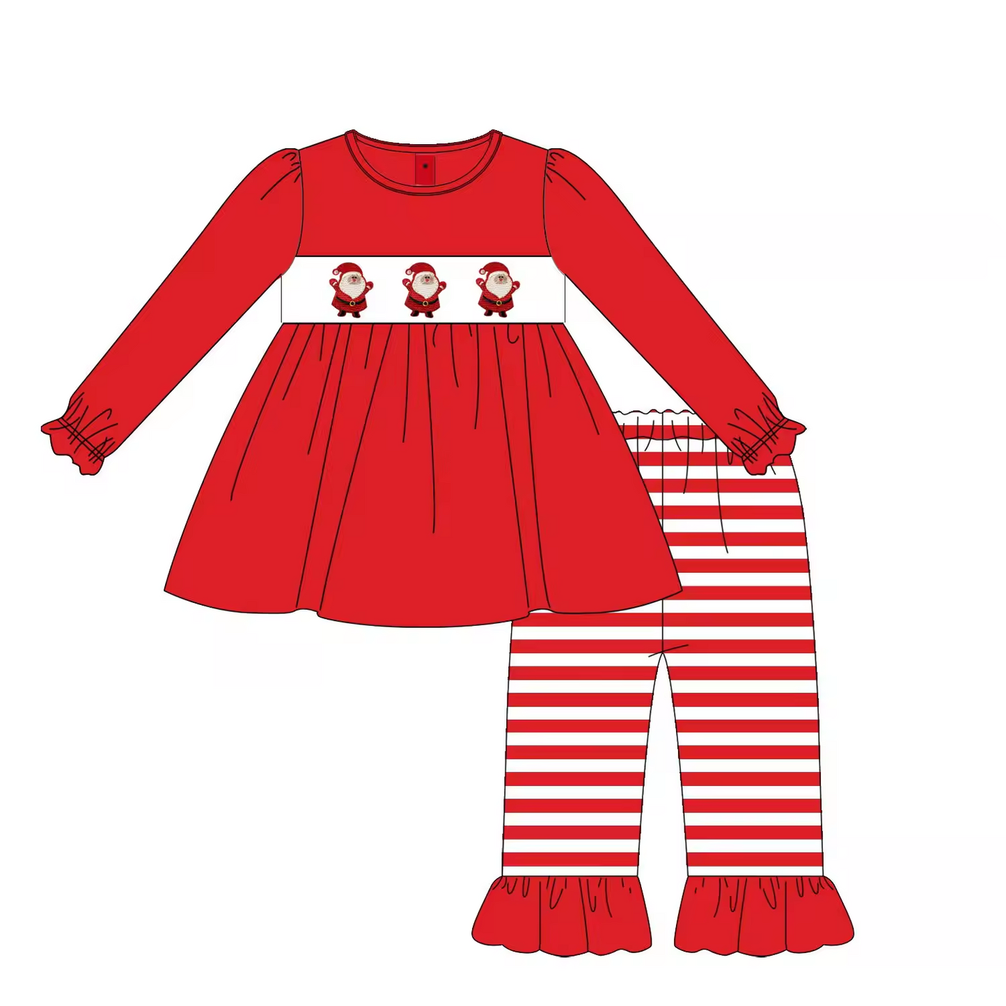 Custom moq 3 eta 6-8weeks Embroidered Chubby Santa Claus Red Pleated Elastic Long Sleeve Top - Striped Lace Trousers Straight Leg Pants Set
