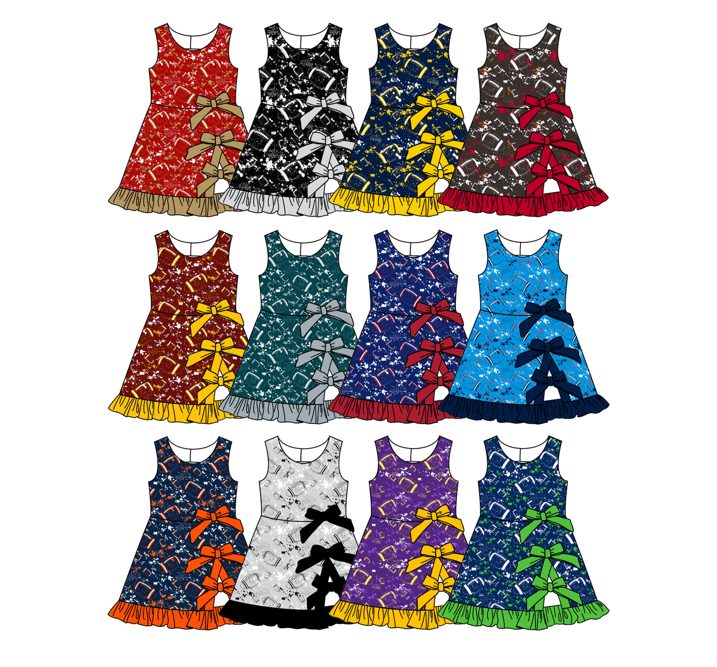 Custom moq 5 mix size milk silk summer teams Baby Girls Sleeveless Football Print Bow Ruffle Yoga Knee Length Dresses