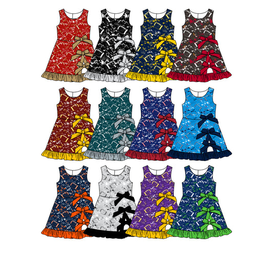 Custom moq 5 mix size milk silk summer teams Baby Girls Sleeveless Football Print Bow Ruffle Yoga Knee Length Dresses