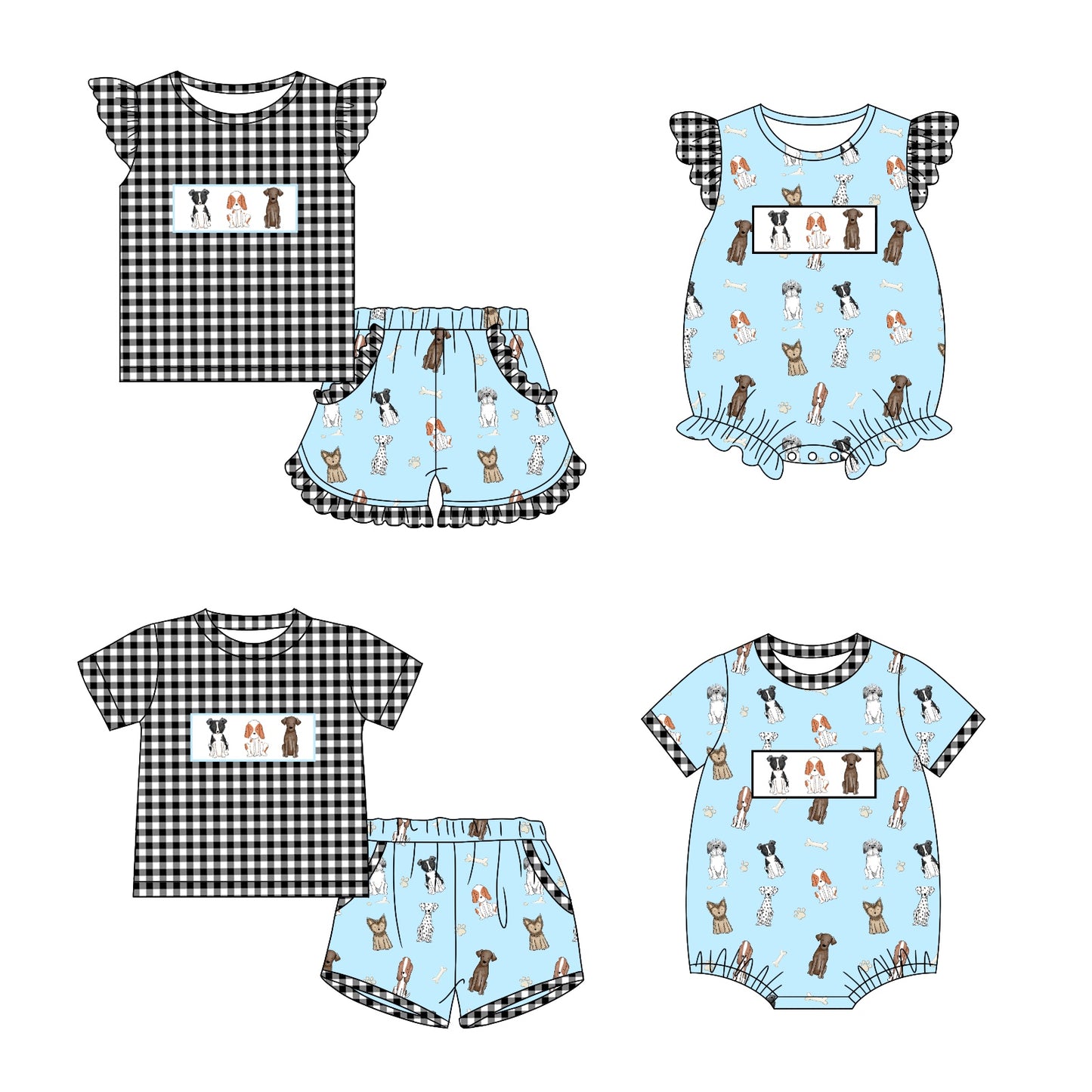11.13 custom each style moq 5eta 4-6week Sibling Sister puppy baby girl short sleeve shorts sets and briefs sets 2 and girls romper and boy romper and dress match design