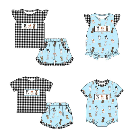 11.13 custom each style moq 5eta 4-6week Sibling Sister puppy baby girl short sleeve shorts sets and briefs sets 2 and girls romper and boy romper and dress match design