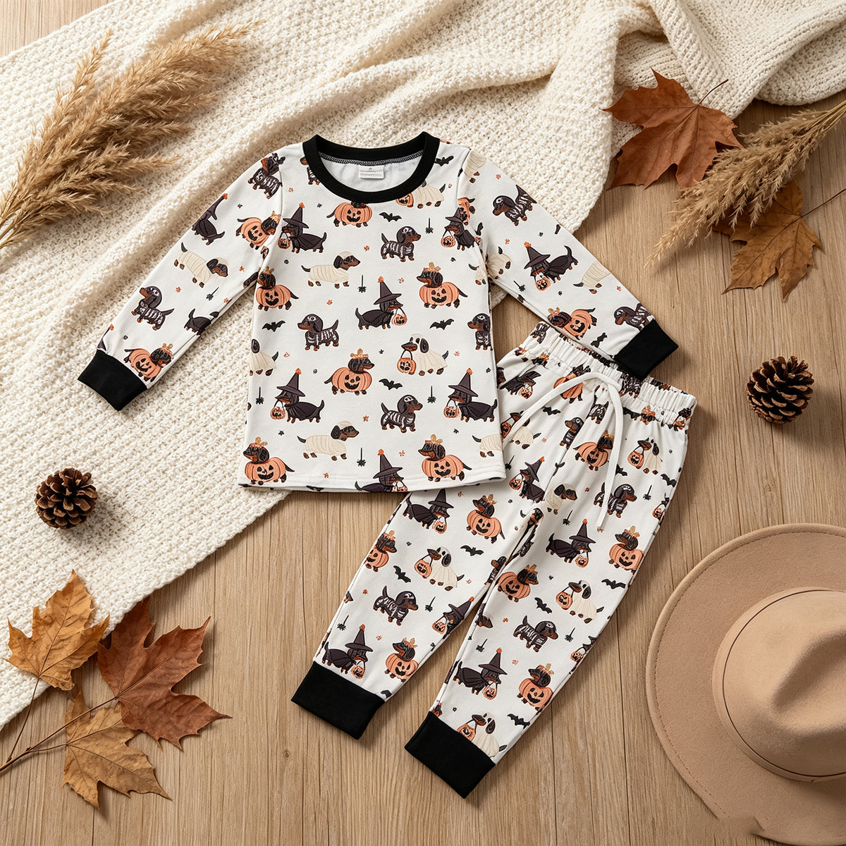 NEW RTS NO MOQ milk silk BLP1548 Baby Boys Ghost Pumpkin Dogs Long Sleeve Top With Pockets Joggers Halloween Set