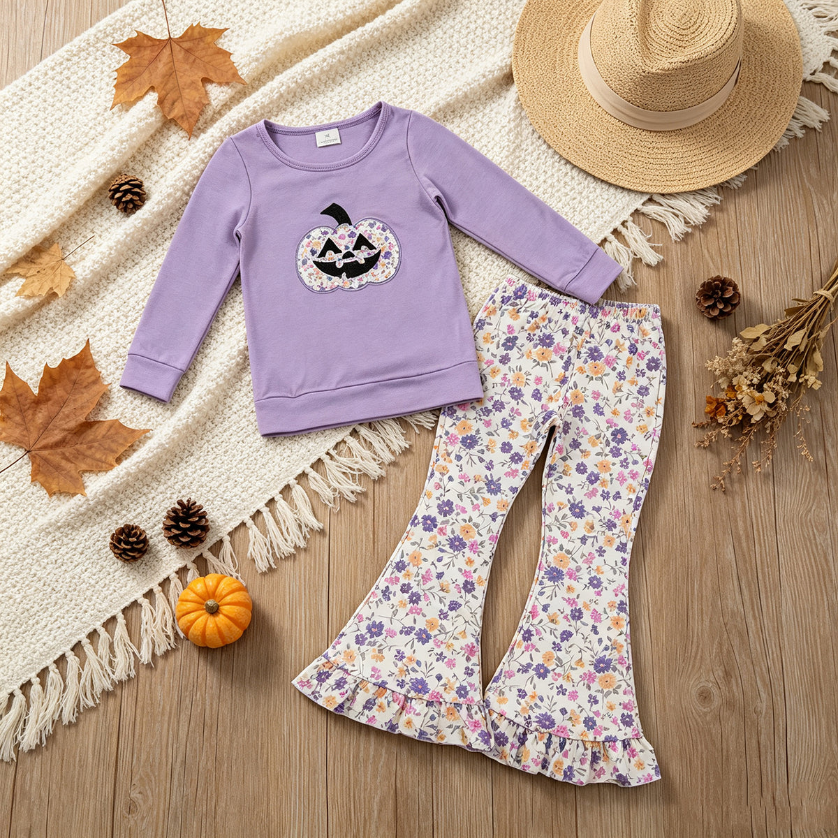 (NEW RTS NO MOQ milk silk GLP3618 Embroidery Flowers Ghost Pumpkins Baby Girls Top Ruffle Pant Halloween Clothes Set Fall Two Piece Holiday Outfit
