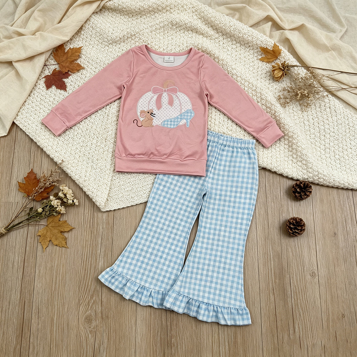 NEW RTS NO MOQ milk silk GLP3598 Baby Girls Bow Pumpkins Top Checked Ruffle Pant Fall Sets