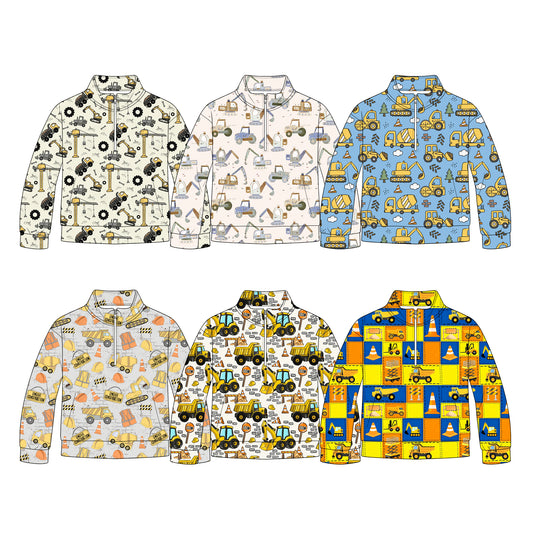 (Pre Order) No moq milk silk Baby Boys Construction Excavator Long Sleeve Zip Pocket Pullover