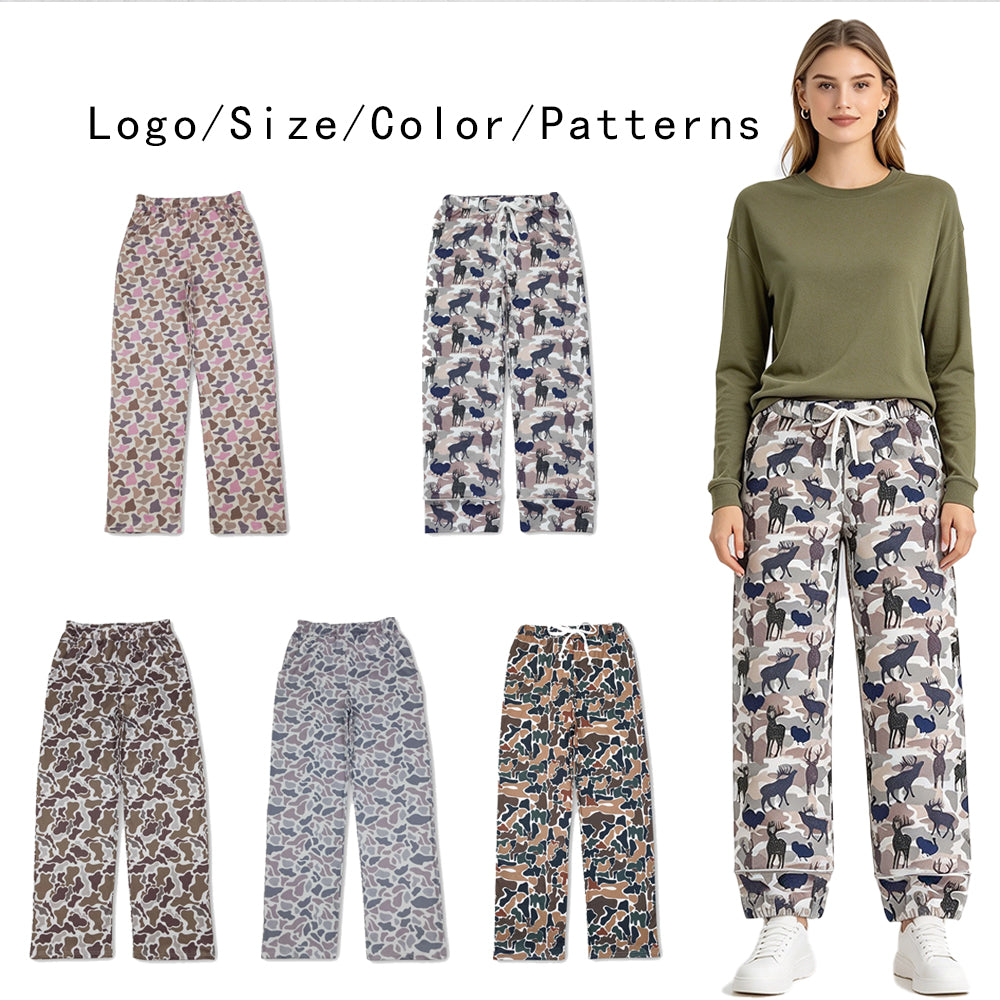 RTS NO MOQ Sibling milk silk Adult Camo Print Wide Leg Pants Casual Pajamas