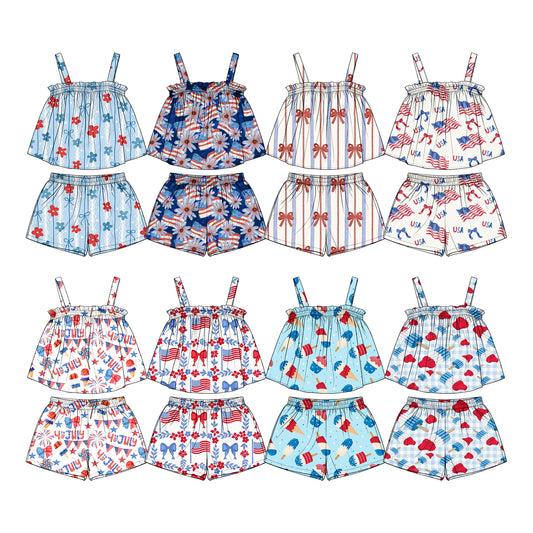 4.1 Custom moq 5 mix size Sibling Baby Girl's 4th of July Strap Top Shorts Set Cute Summer Outfit
