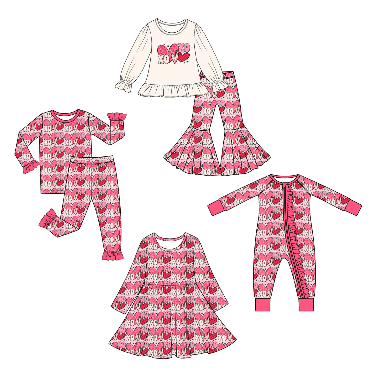 (Preorder new) No moq Baby Girls Heart Print Ruffle Long Sleeve Top And Flare Pant Valentines Set Romper Dress