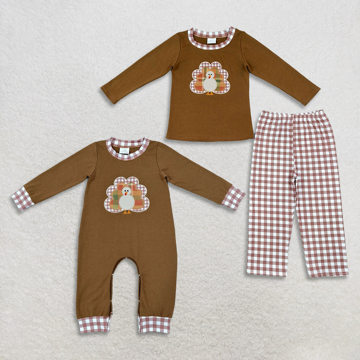 RTS NO MOQ Sibling milk silk Embroidered Baby Boys Thanksgiving Turkey Brown Long Sleeve Top And Plaid Pants Set Romper