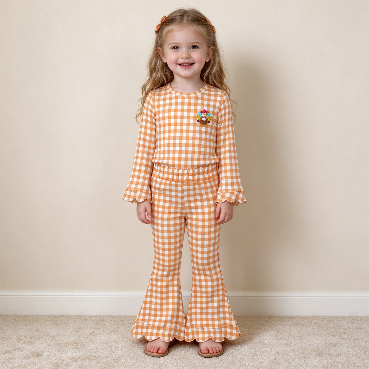 NEW RTS NO MOQ milk silk GLP3588 Embroidery Turkey Baby Girls Orange Checked Top Scallop Pant Thanksgivings Clothes Set
