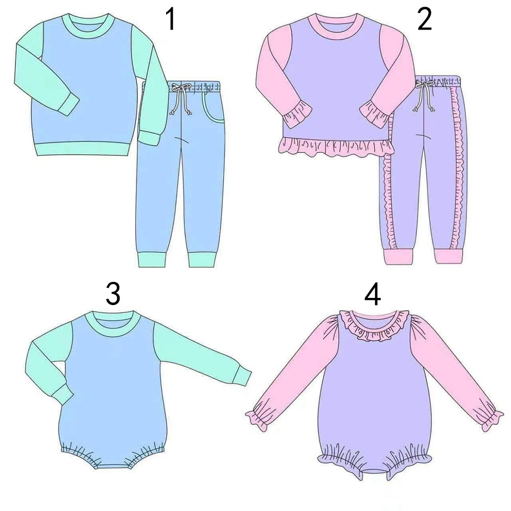 custom moq 5 mix size SYCN0104 Baby Kids Color Block Crew Neck Top And Jogger Pants Set Bubble Romper